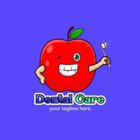 Smiling apple mascot with toothbrush. Dental care logo. vector