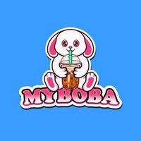 linda conejito mascota Bebiendo boba mascota logo para beber. vector