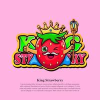 Cute strawberry mascot with mustache and dressed like a king. Cute fruit vector isolated.