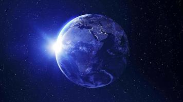 Earth planet turning 360 degrees in outer space . City lights on planet. Solar system element. video