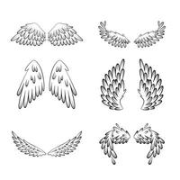 conjunto de pájaro o ángel alas de diferente forma en abierto posición. contorneado alas conjunto vector