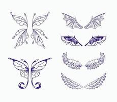 Set of fairy wings of angel, demon, bat and fairy. Linear vector
