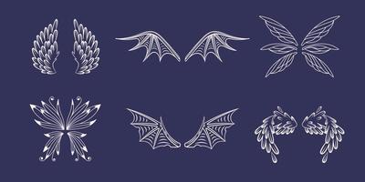 Fairy, angel, demon, devil wing set. Collection in line art. vector