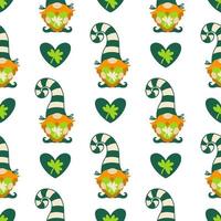 St. Patrick's Day seamless vector pattern. A gnome with a red beard, in a striped stocking cap holds a heart in his hands. Irish clover leaf, shamrock for good luck. Cartoon background for cards, web