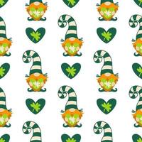 St. Patrick's Day seamless vector pattern. A gnome with a red beard, in a striped stocking cap holds a heart in his hands. Irish clover leaf, shamrock for good luck. Cartoon background for cards, web