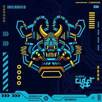 Modern artificial samurai ninja head cyberpunk design with dark background. Abstract technology vector illustration.