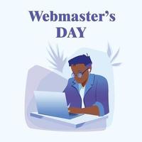 International day of webmasters. The programmer is sitting at the computer. Vector illustration on the topic of design, programming, and freelancing.