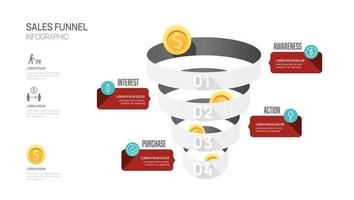Infographic Sales funnel diagram template for business. Modern Timeline 4 step level, digital marketing data, presentation vector infographics.