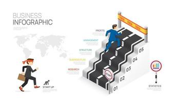 infografía ruta escalera modelo para negocio. negocio correr a éxito, elemento diagrama la carretera a comienzo arriba, presentación vector infografía.