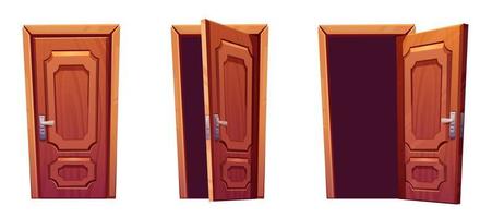 Cartoon set of open, closed classic wooden door vector