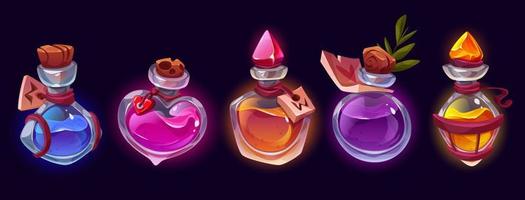 Potion bottles with magic elixir, cartoon flasks vector