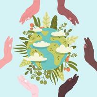 Happy Earth Day Save Nature. Vector eco illustration for social media, poster, banner, card, flyer on the theme of saving planet, human hands protect earth