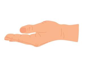 Open hand looking up for praying and asking. Palm hand up. Gesture with hand. Vector flat illustration.