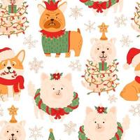 Christmas dogs, gifts and snowflakes vector seamless pattern. Cute puppy dressed in Christmas costumes, snow, presents with holiday decorations. Winter, New Year festive texture.