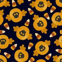 Halloween sweets, caramel and candy corn decorated with skull vector seamless pattern