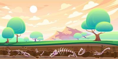 Valley and cross section of soil wiyh fossils vector