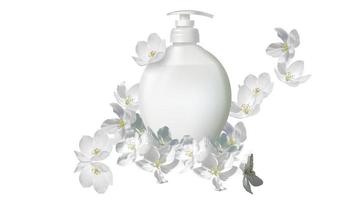 Cosmetic realistic liquid soap with jasmine flower vector