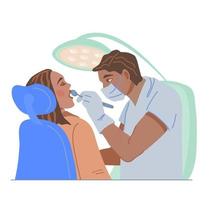 mujer dibujos animados personaje paciente sufre oral salud examen en dental clínica. médico estomatología examen o tratamiento escena para odontología, plano vector ilustración aislado en blanco.