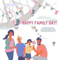 familia día saludo tarjeta o bandera con dibujos animados caracteres de padres y niños contento a ser juntos. tarjeta o póster modelo para familia día celebracion, plano vector ilustración.