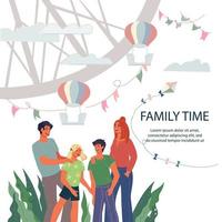 Family time poster or flyer template for family vacations, entertainment and holidays in amusement park. Parents and children having fun and summer leisure, flat vector illustration.