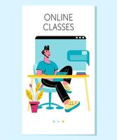 Mobile page for online education application with woman learning at home. Distance education and homeschooling, e-learning and educational trainings concept, flat vector illustration.