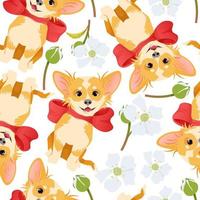 Seamless pattern with a dog with a bow and flowers on a white background vector