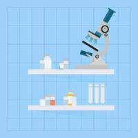 Shelves with microscope and test tubes vector