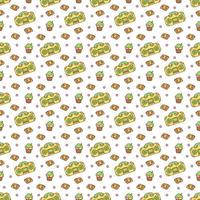 Cute seamless pattern with record player, cassette and ice cream. Color cartoon vector illustration.