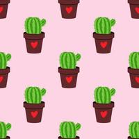 Bright vector seamless cactus in the pot with heart pattern.