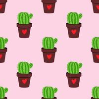 Bright vector seamless cactus in the pot with heart pattern.