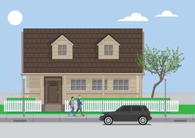 victorian style house vector with white fence and green garden
