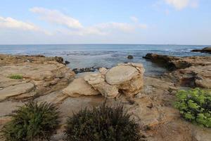 Rocky shore of the Mediterranean Sea in northern Israel. photo