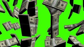 dinheiro queda baixa animação em verde tela. dólar notas vôo dinheiro chuva. queda contas americano dinheiro 100 nos dólar dinheiro caindo. EUA cem dólar notas caindo. video