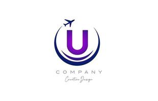 U alphabet letter logo with plane for a travel or booking agency in purple. Corporate creative template design for company and business vector