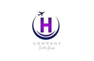 h alfabeto letra logo con avión para un viaje o reserva agencia en púrpura. corporativo creativo modelo diseño para empresa y negocio vector