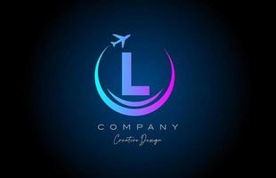 blue pink L alphabet letter logo with plane for a travel or booking agency. Corporate creative template design for company and business vector