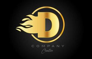 gold golden D alphabet letter icon for corporate with flames. Fire design suitable for a business logo vector