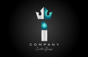 blue grey I alphabet letter logo icon design. Creative crown king template for business and company vector