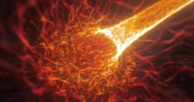 Abstract orange tunnel swirling from lines and particles of triangles glowing futuristic hi-tech with a blur effect on a dark background. Abstract background photo