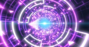 Abstract purple glowing neon laser tunnel futuristic hi-tech with energy lines and flying particle fragments, abstract background photo