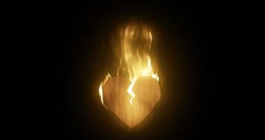 Abstract fiery burning in a flame loving heart broken from love with a crack on a black background photo