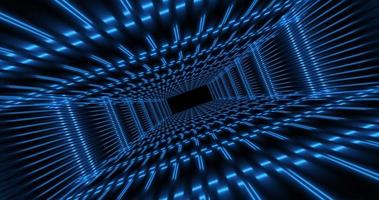 Abstract blue futuristic tunnel square rectangular grid of glowing neon lines digital beautiful magical energy on a dark background. Abstract background photo