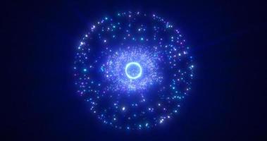 esfera azul redonda abstracta molécula mágica de energía brillante con átomos de partículas y puntos cósmicos. fondo abstracto foto