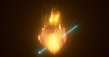 resumen ardiente amoroso corazón ardiente en un fuego traspasado por un flecha de Cupido en un oscuro antecedentes foto