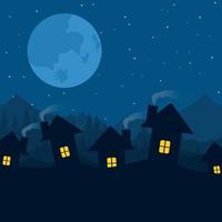 Village at night against the star sky. A vector illustration