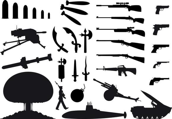 Silhouettes of the various weapon and engineering. A vector illustration