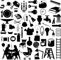 Silhouettes of various subjects and tools. A vector illustration