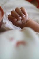 uno mano de un recién nacido en un avaro posición con el pulgar dentro foto
