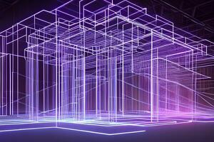 Abstract 3d render colorful neon glowing laser futuristic dimensional background. photo