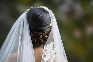 cerca arriba detalle un novia desde detrás en un blanco Boda vestido. foto